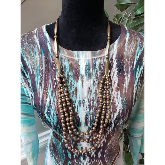 New Directions Blouse Women Medium Multicolor Teal Brown Abstract Print Top - Picture 10 of 11